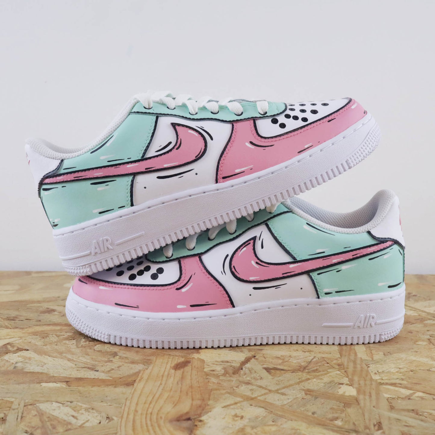 nike air force 1 custom cartoon pastel sneakers custom pas cher baskets personnalisé rose pour femme af1 en soldes promo nike vert pastel