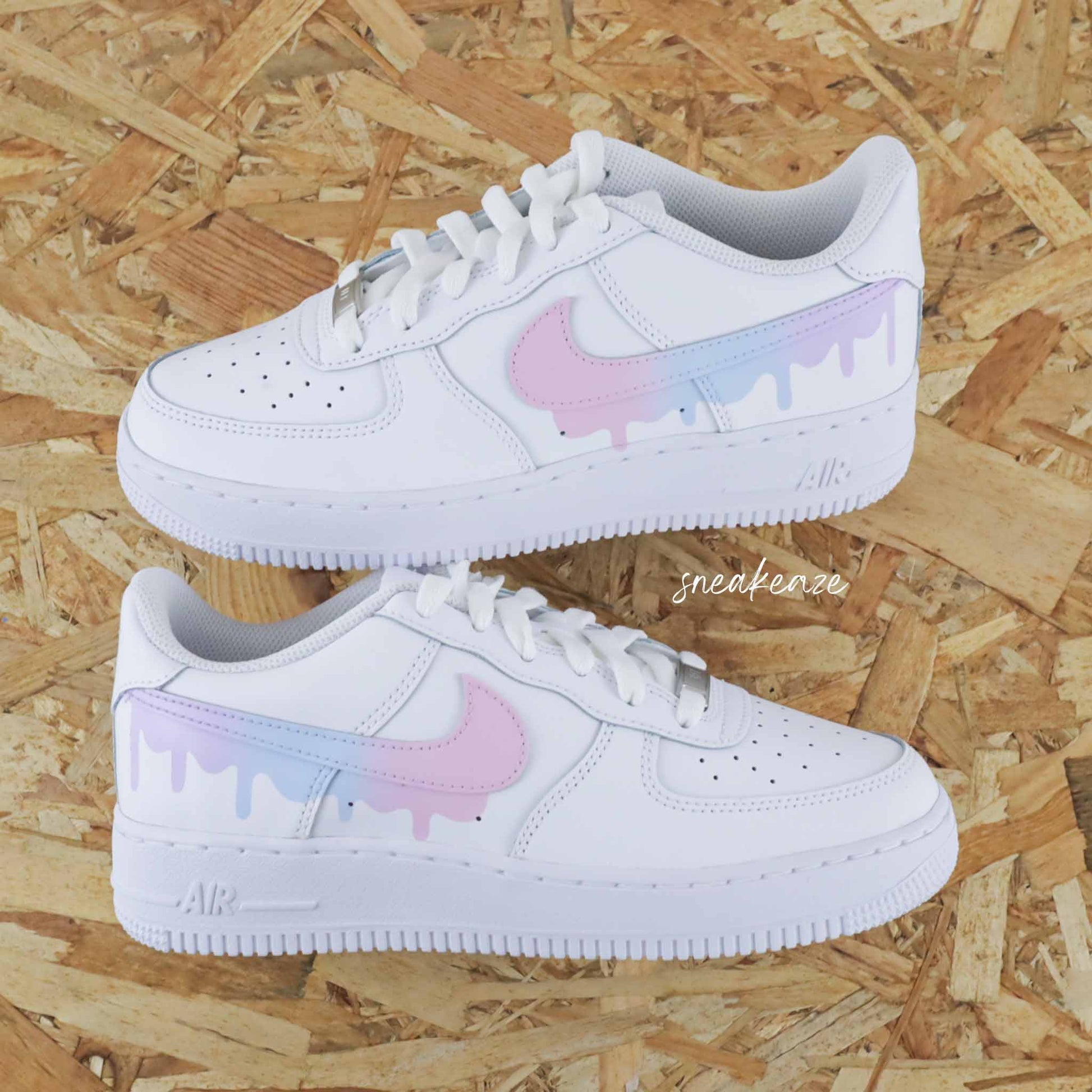 nike air force 1 custom swoosh drip dégradé pastel licorne sneakers rose et lila pour femme et enfant AF1 personnalisé basket peint à la main