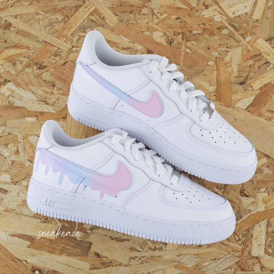 nike air force 1 custom swoosh drip dégradé pastel licorne sneakers rose et lila pour femme et enfant AF1 personnalisé basket peint à la main