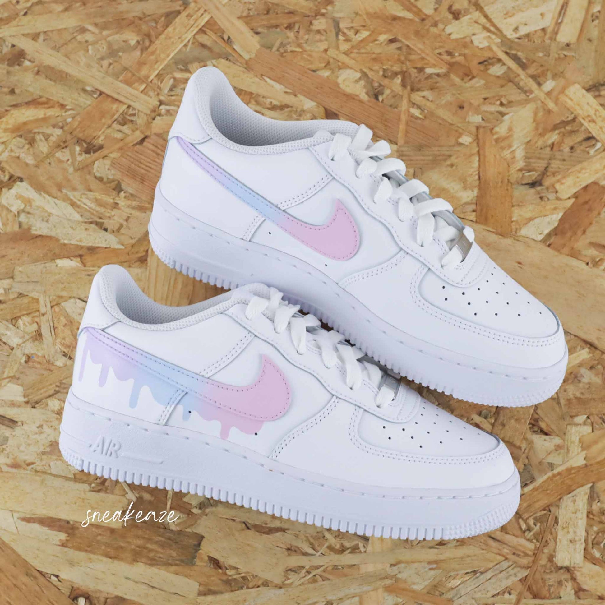 nike air force 1 custom swoosh drip dégradé pastel sneakers rose et lila pour femme et enfant AF1 personnalisé basket peint à la main