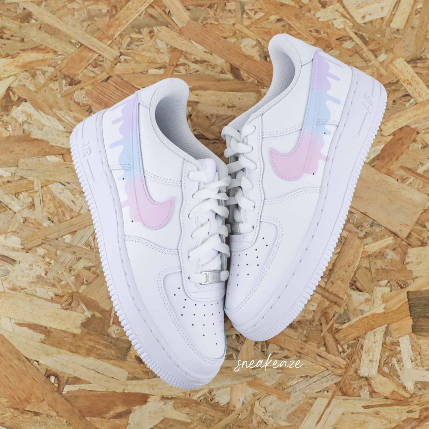 nike air force 1 custom swoosh drip dégradé pastel licorne sneakers rose et lila pour femme et enfant AF1 personnalisé basket peint à la main