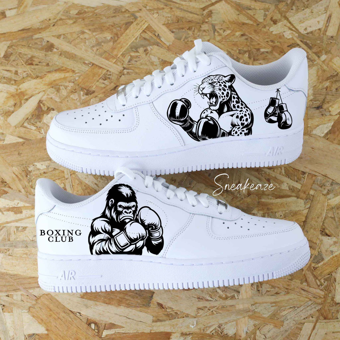 Basket Nike air force 1 custom sur le thème de la boxe anglaise - boxing club sneakeaze customs skz