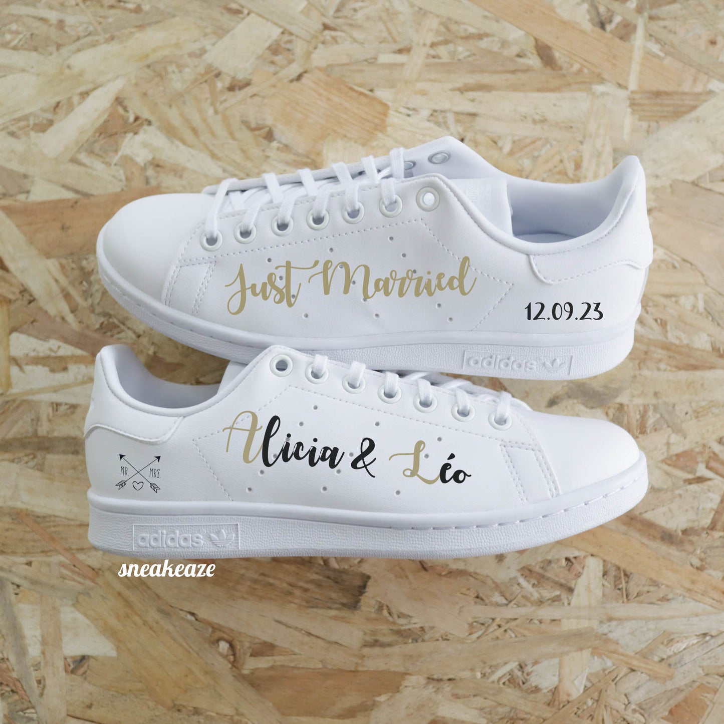 baskets adidas stan msith mariage - personnalisation des prénoms des mariés just married - sneakeaze customs skz