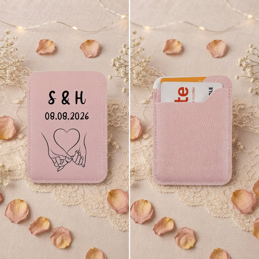Porte-carte en simili cuir blanc personnalisé avec initiales et alliances, idéal comme cadeau d'invité de mariage original