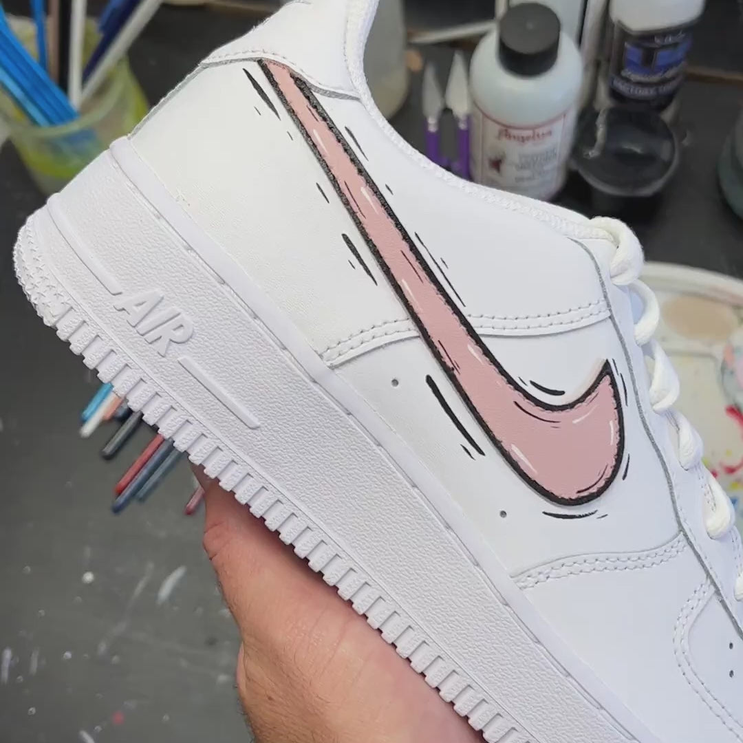 baskets nike air force 1 custom AF1 swoosh cartoon sketch rose pastel shell pink skz sneakeaze customs