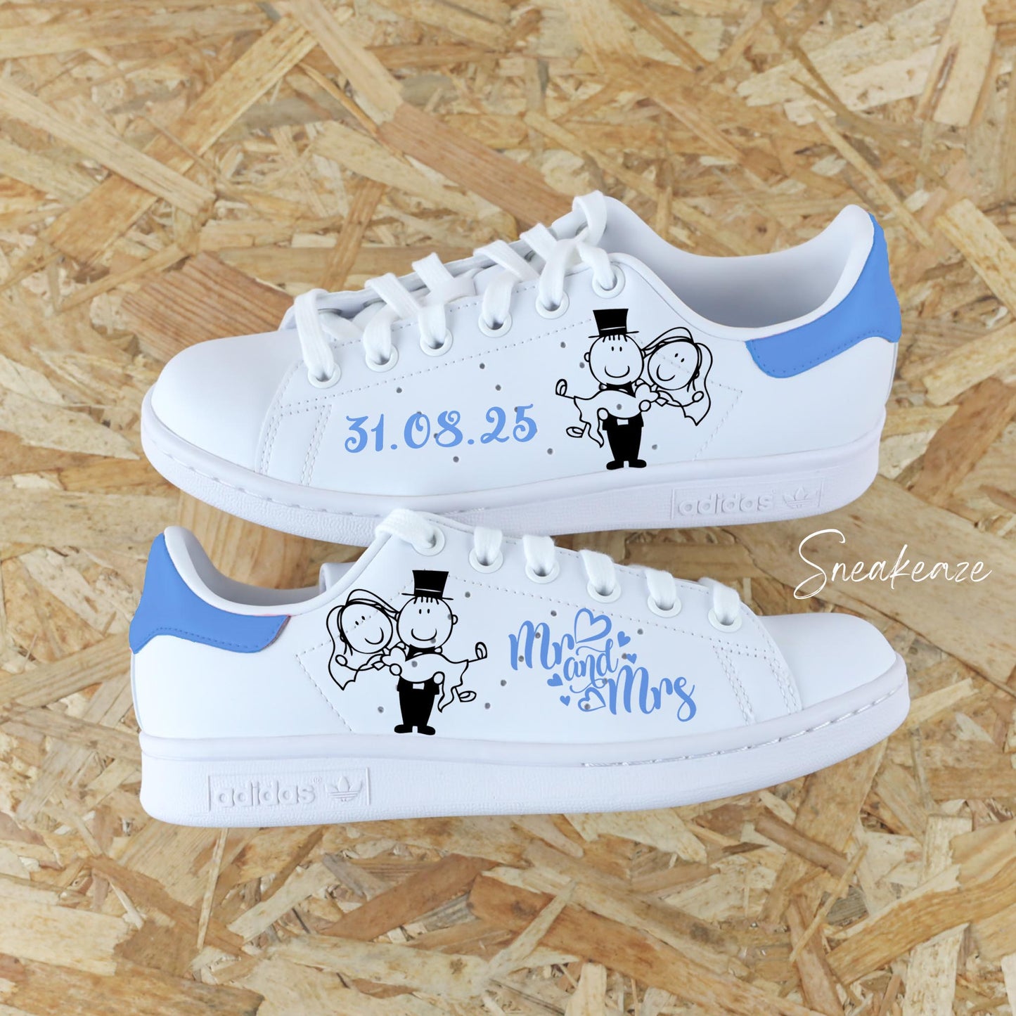 Baskets Adidas Stan smith custom - modèle mariage inscription de la date et de "mr and mrs" bleu océan sneakeaze customs skz wedding