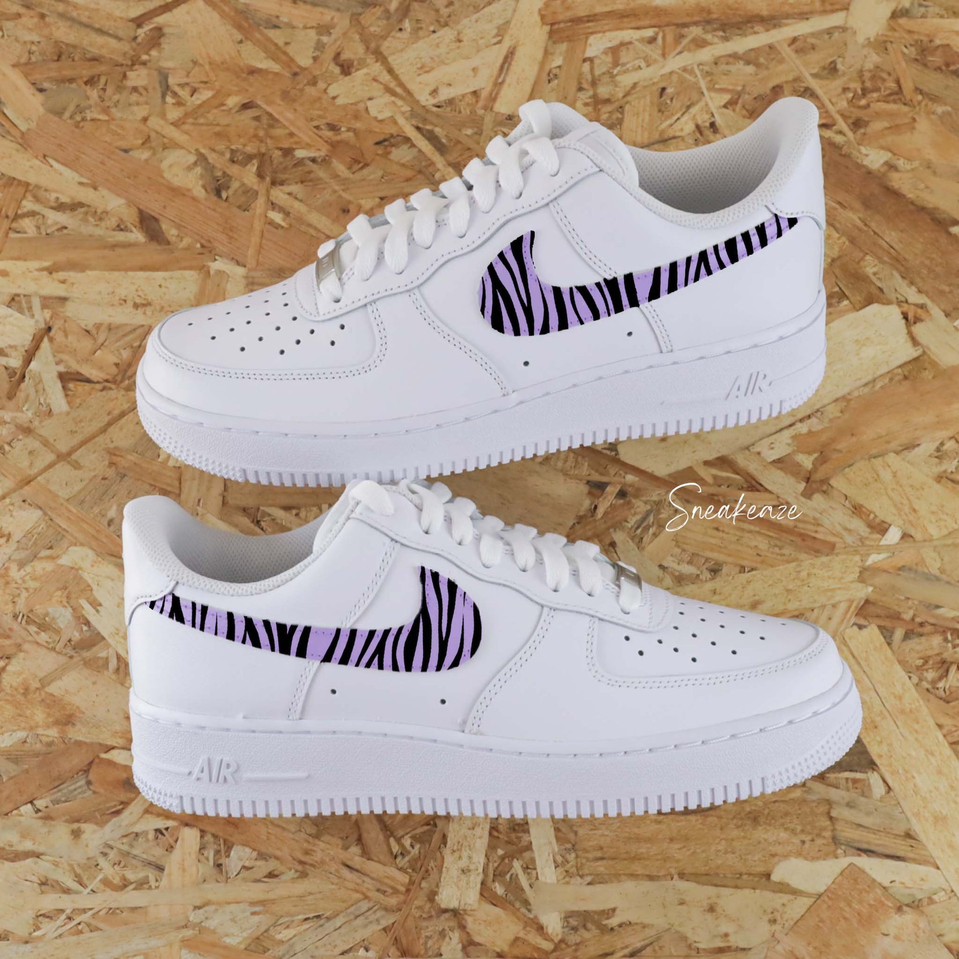 baskets nike air force 1 custom swoosh lila pastel zèbra sneakers femme enfant AF1 personnalisé basket peint à la main