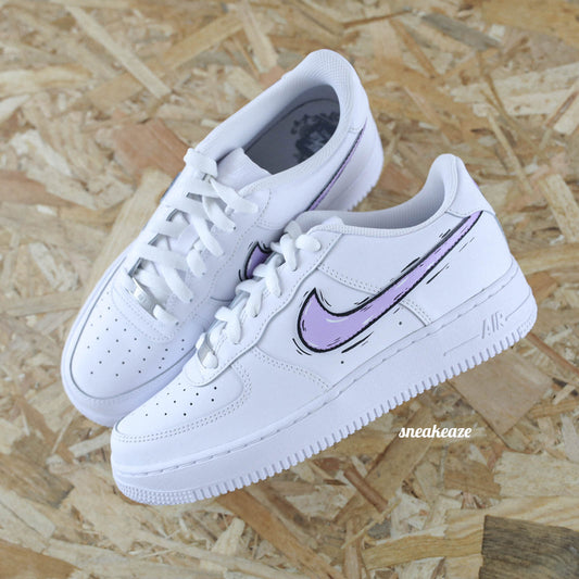 baskets nike air force 1 custom AF1 swoosh cartoon sketch lila sneakers personnalisé baskets custom