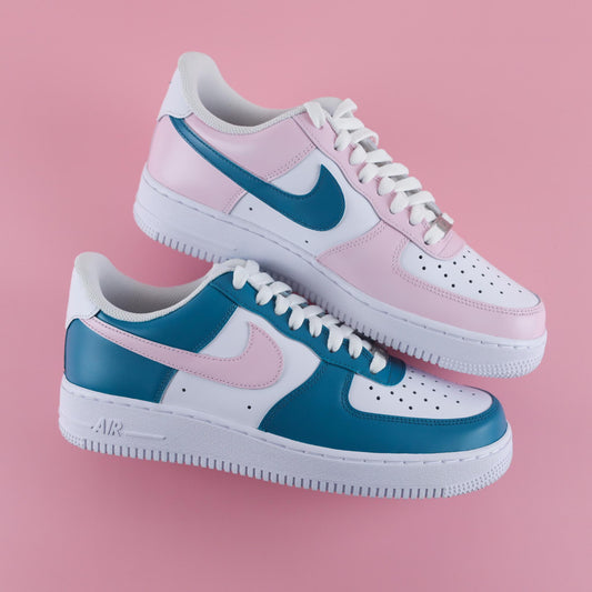 Collection de baskets custom pastel, Air Force 1 turquoise et rose, parfaites pour un cadeau Noël ou anniversaire pour femme