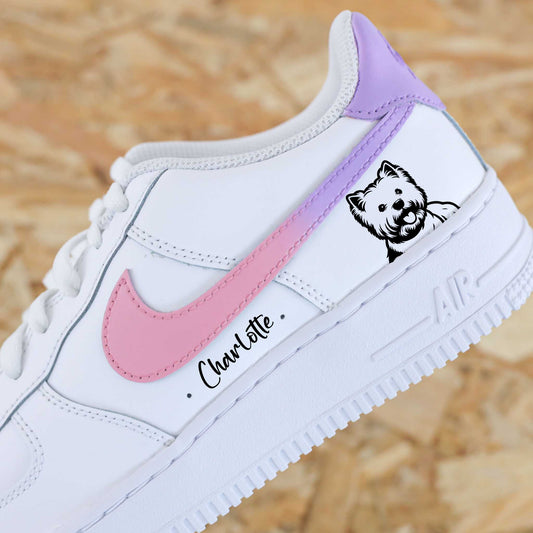 Air Force 1 custom pastel rose et violet avec Westie et prénom personnalisable idée cadeau pour fille cadeau noel unique pour fille cadeau anniversaire personnalisable