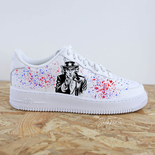 Baskets personnalisées Air Force 1, design Uncle Sam et splatter USA, sneakers pour fans de streetwear et culture américaine