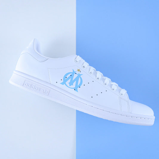 adidas stan smith custom OM bleu blanc logo marseille peint main