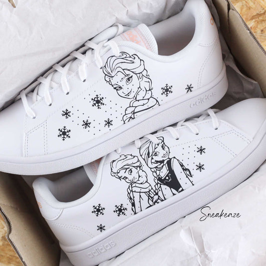 Baskets Adidas stan smith custom dessins sur-mesure elsa et Anna Frozen la reine des neiges Olaf disney airforce 1 custom sneakeaze skz