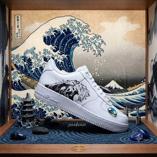Basket Nike Air Force 1 custom art japonais vague bleue