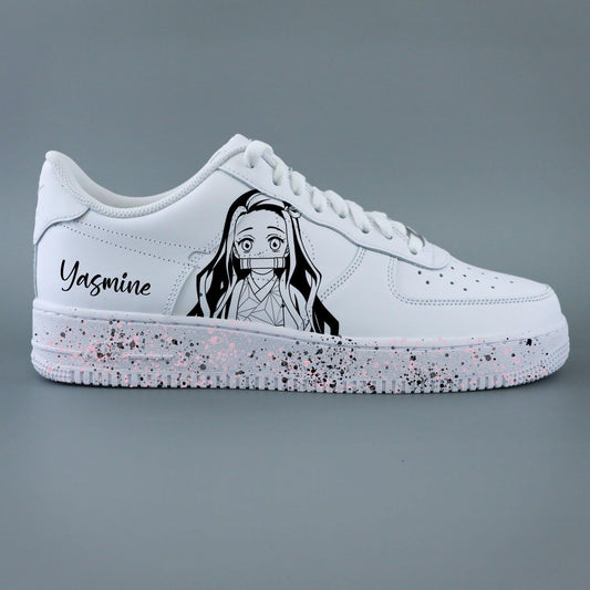 "Nike AF1 custom Kimetsu no Yaiba peinte main - Personnages Tanjiro et Zenitsu"