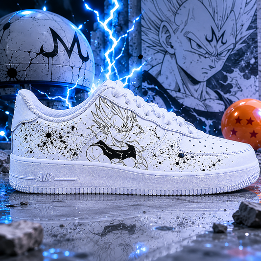 Air Force 1 blanche custom manga Vegeta avec symbole Majin