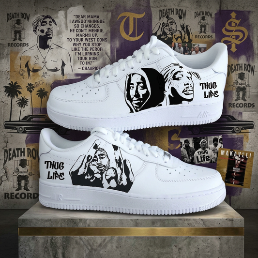 Sneakers personnalisées Tupac Shakur streetwear noir et blanc