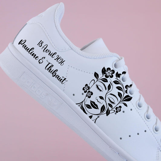 cadeau mariage personnalisé stan smith mariage dessin visage floral prénoms et illustration