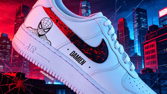 Baskets Nike Air Force 1 custom Spider-Man pour fans de l'univers Marvel.