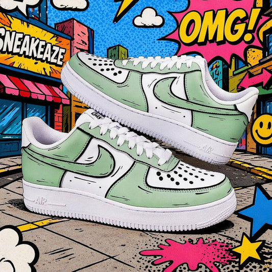 Sneakers personnalisées Sneakeaze effet 2D "Comic Art" posées sur un fond street pop.
