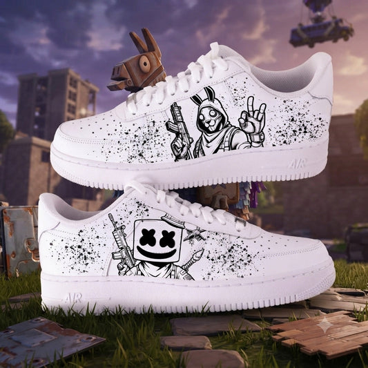 Baskets Air Force 1 customisées thème jeu vidéo Fortnite avec effets éclaboussures