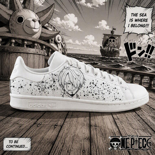 Création unique de sneakers personnalisées One Piece, idéale pour les collectionneurs de chaussures manga.