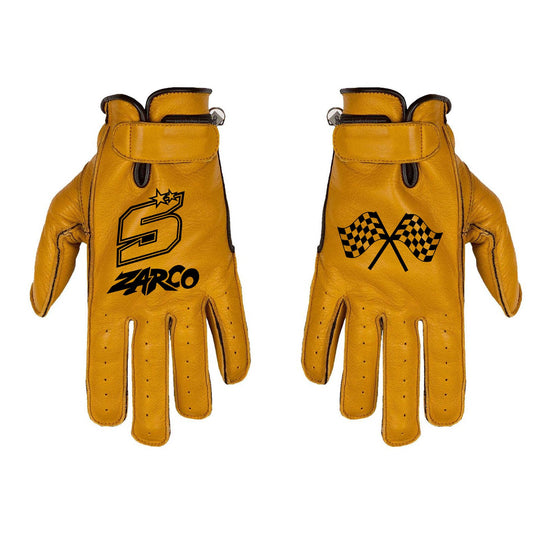 Gants custom moto gp Zarco en cuir camel beige avec drapeau de course style cafe racer vintage