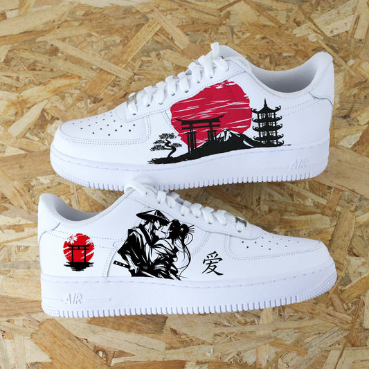 Air Force 1 custom blanche design japonais samouraï torii soleil rouge sneakeaze customs