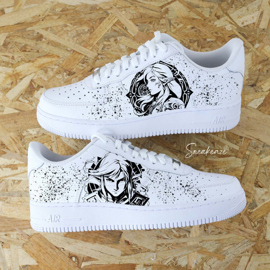 Baskets Nike Air force 1 custom - Zelda. Dessin de la princesse Zelda et du chevalier Link avec splash sneakeaze custom