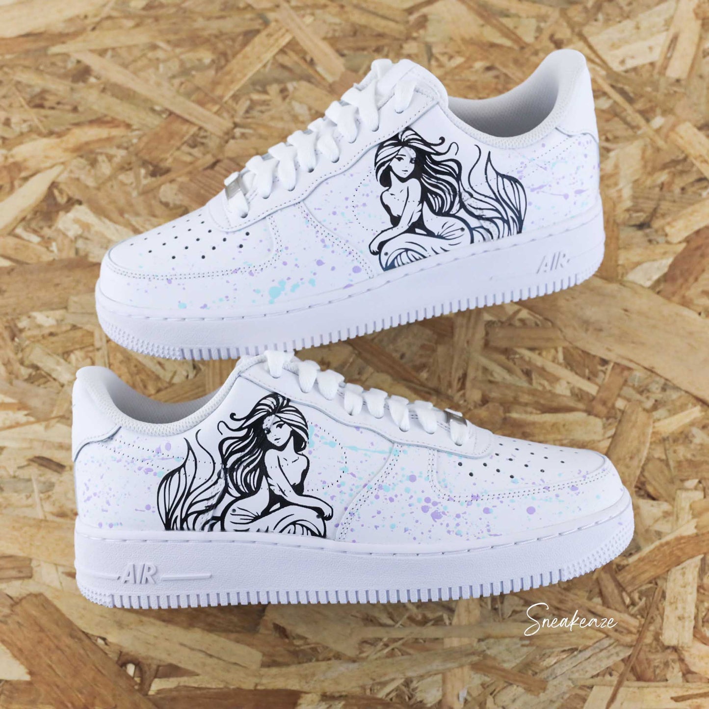 Baskets nike air force 1 custom peint à la main sirène splash bleu et violet pastel sneakeaze custom skz