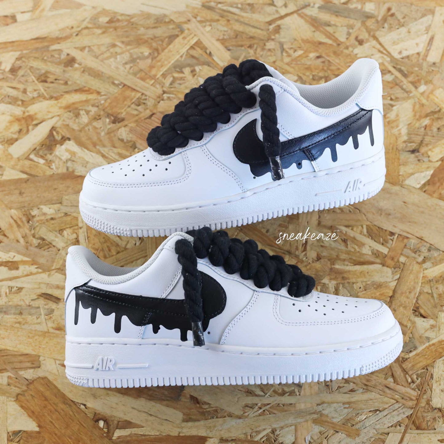 baskets nike air force 1 custom rope laces - lacets corde noir sneakeaze sneakers personnalisées gros lacets corde drip effet coulant - skz custom