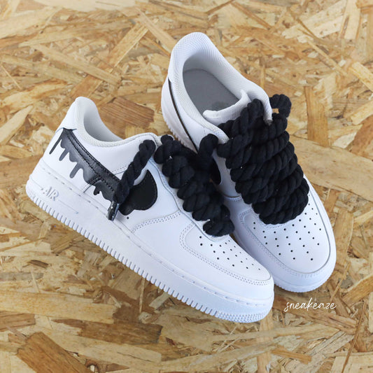 baskets nike air force 1 custom rope laces - lacets corde noir sneakeaze sneakers personnalisées gros lacets corde drip effet coulant - skz custom