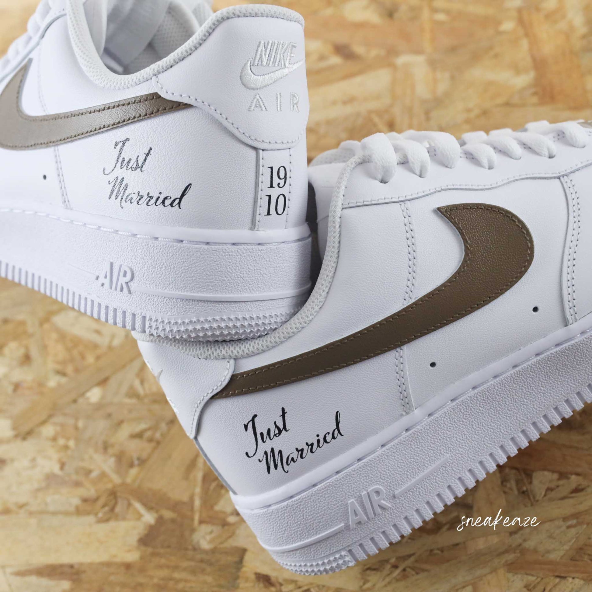 Air Force 1 personnalisées mariage - Nike custom "just married" inscription des initiales des mariés et de la date du jour J