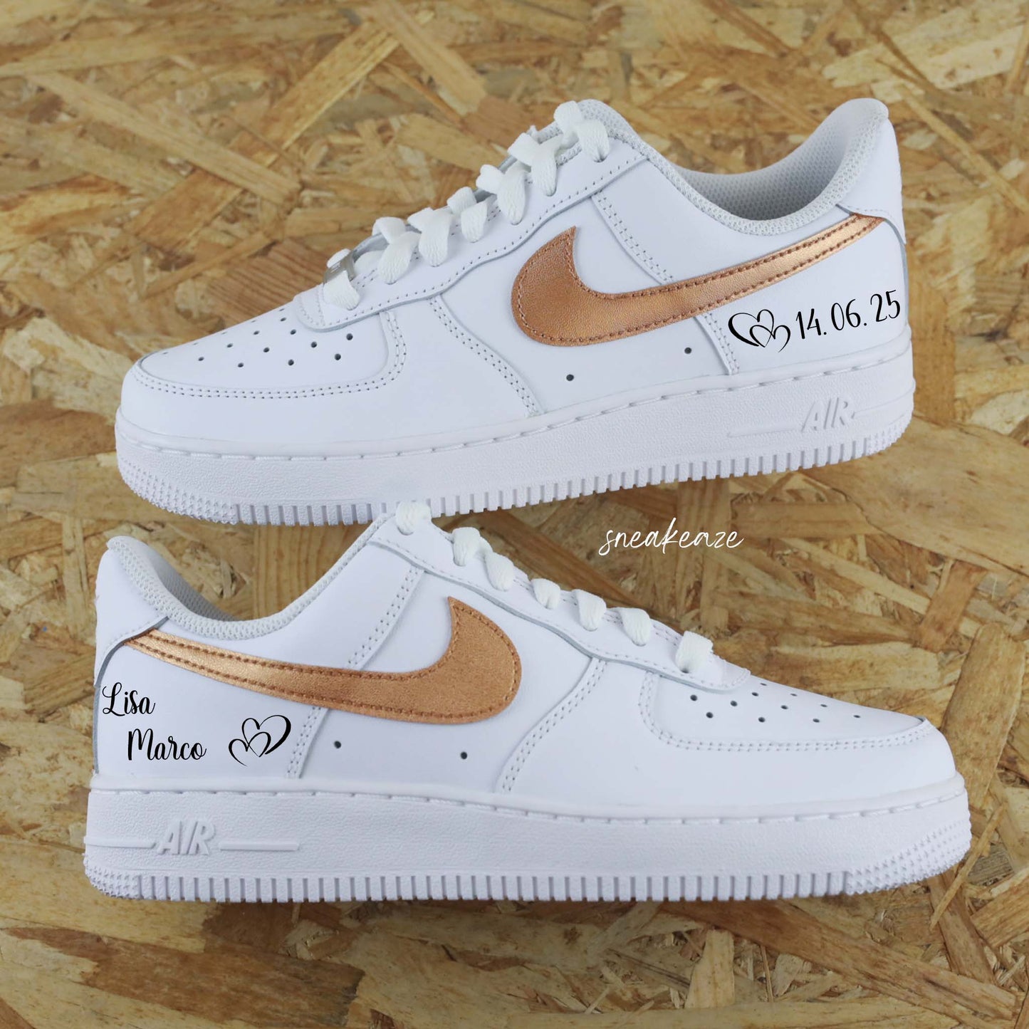 Nike Air Force 1 basses blanches en cuir custom pour mariage, Démarquez-vous avec une paire de sneakers personnalisable avec l'inscription de vos prénoms et la date du jour J accompagné du signe nike en couleur bronze métallisé