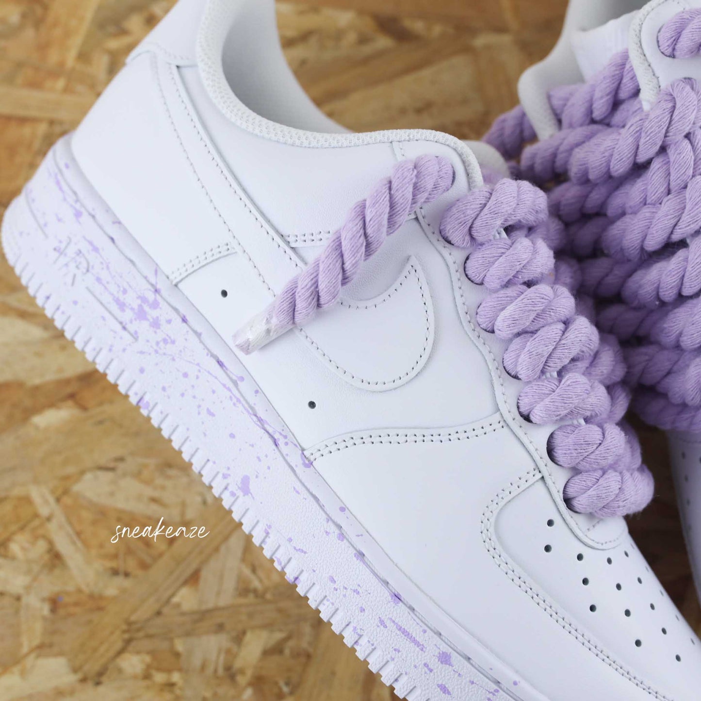 baskets nike air force 1 custom rope laces splash lila - gros lacets corde violet clair sneakeaze skz custom