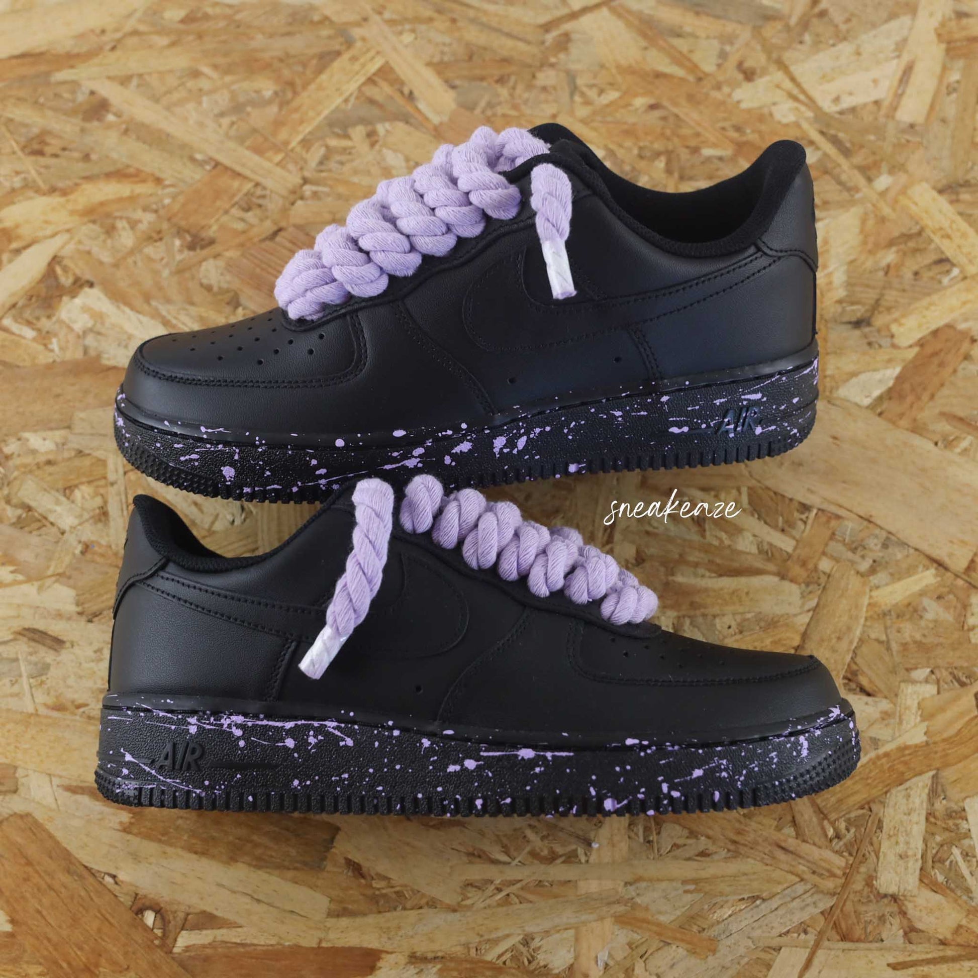 baskets nike air force 1 black custom rope laces splash - lacets corde violet pastel chaussures personnalisées pour homme et femme sneakeaze gros lacets skz custom