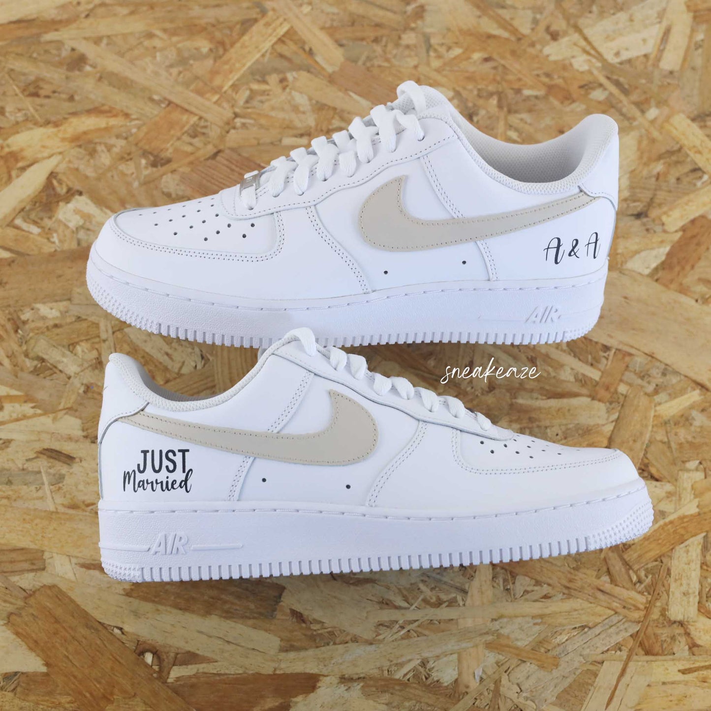 Nike Air Force 1 basses blanches en cuir custom, Démarquez-vous avec une paire de sneakers personnalisable pour votre mariage"Just Married" ainsi que les deux initiales des futurs mariés qui sort vraiment de l’ordinaire pour le jour J. Je dis OUI ! wedding day.