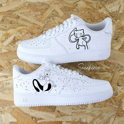 Baskets Nike Air force 1 custom mew et mewtwo splash pokemon sneakers dessin sneakeaze customs skz AF1