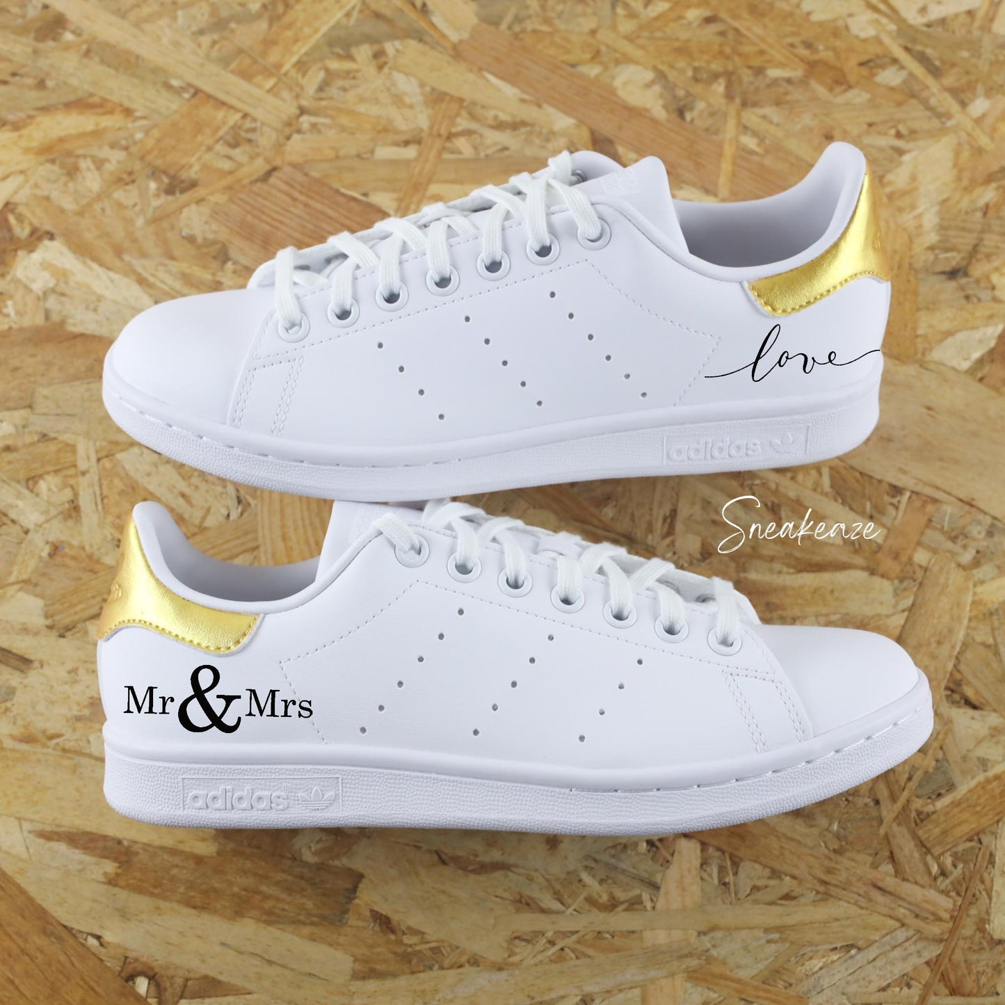 baskets Adidas stan smith custom mariage - wedding day personnalisation date du mariage sur le thème de l'amour couleur gold doré- sneakeaze customs skz