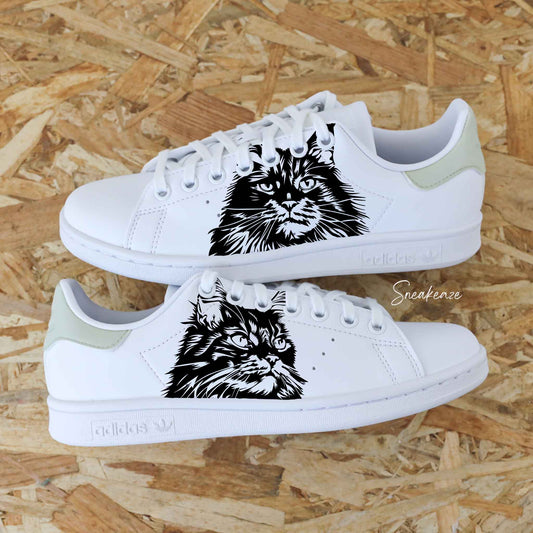 stan smith custom chat illustration féline personnalisée baskets personnalisé pour femme adidas custom dessin fait main sneakers custom idée cadeau femme