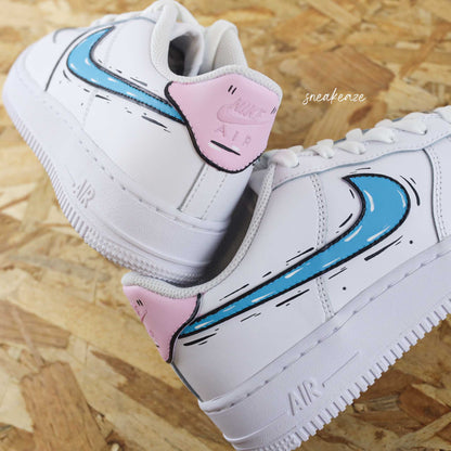 Baskets Nike Air Force 1 custom Cartoon swoosh couleur bleu turquoise et rose clair