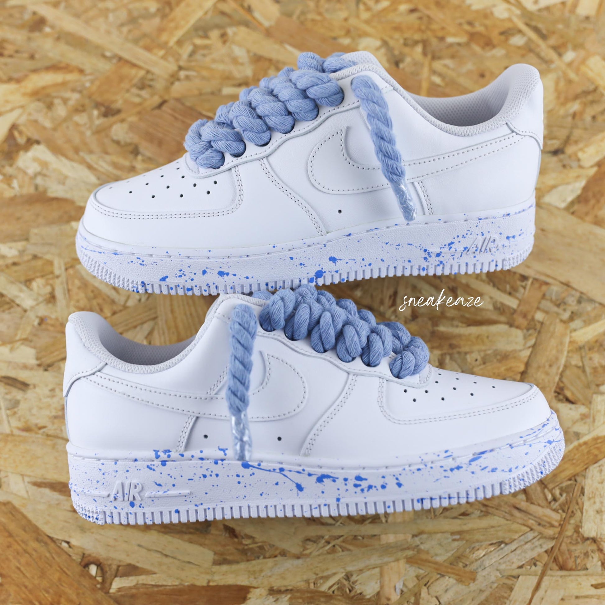 baskets nike air force 1 custom rope laces splash - lacets corde bleu chaussures personnalisées pour homme et femme sneakeaze gros lacets skz custom