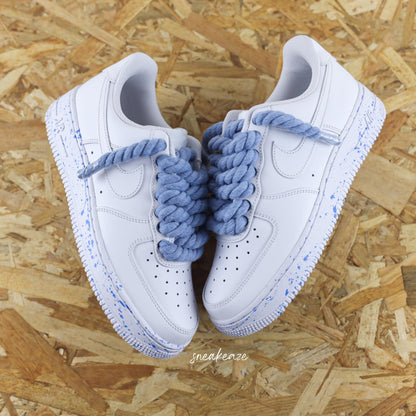 baskets nike air force 1 custom rope laces splash - lacets corde bleu chaussures personnalisées pour homme et femme sneakeaze gros lacets skz custom