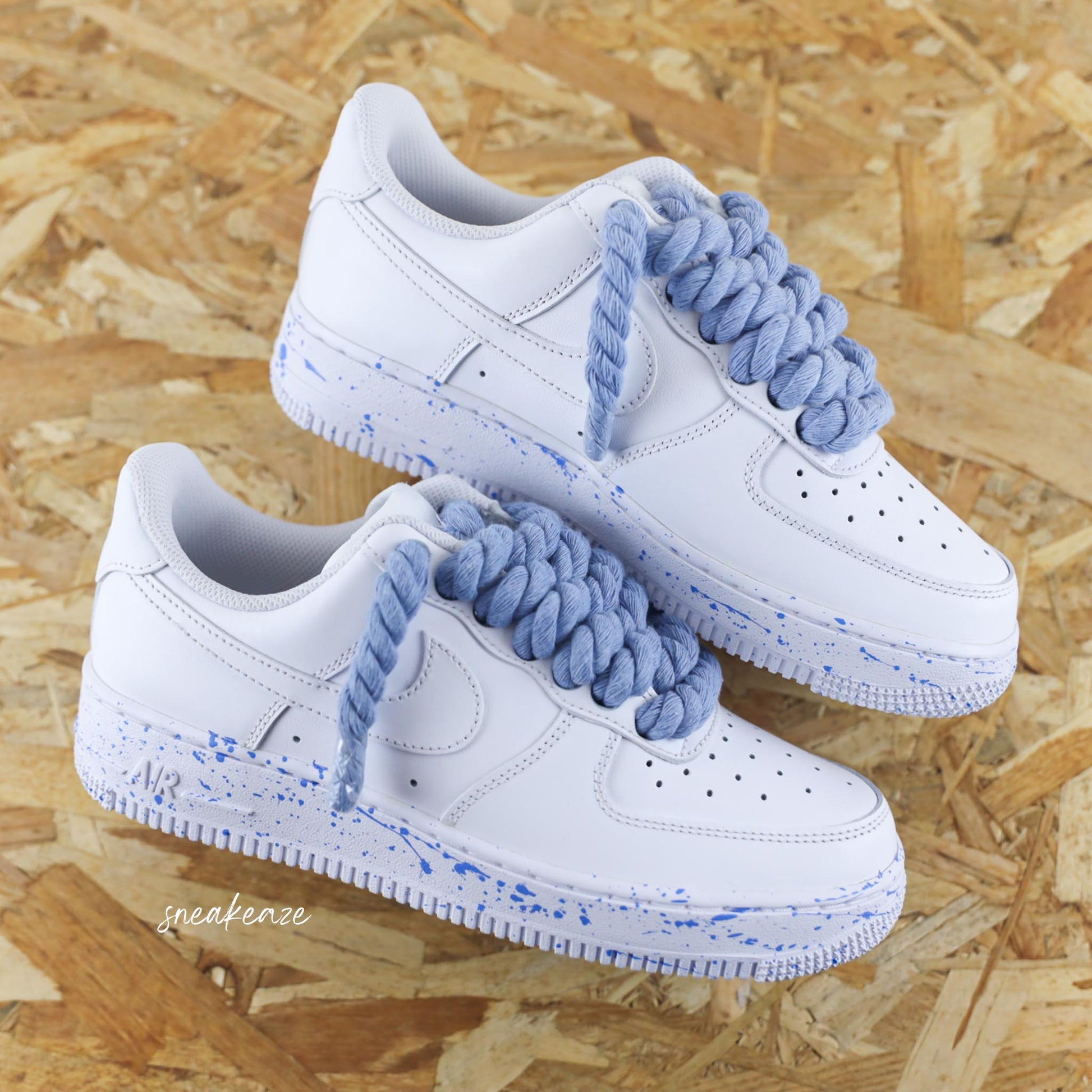 baskets nike air force 1 custom rope laces splash - lacets corde bleu chaussures personnalisées pour homme et femme sneakeaze gros lacets skz custom