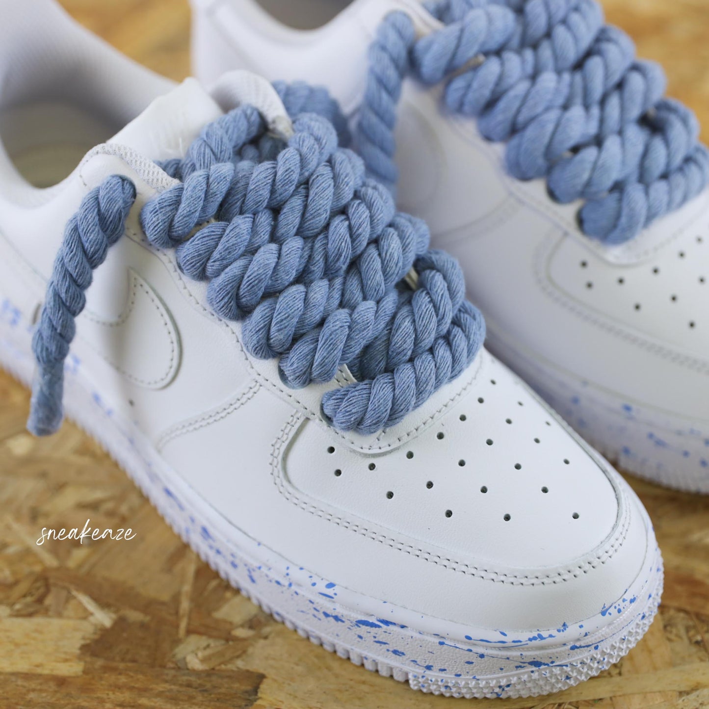 baskets nike air force 1 custom rope laces splash - lacets corde bleu chaussures personnalisées pour homme et femme sneakeaze gros lacets skz custom