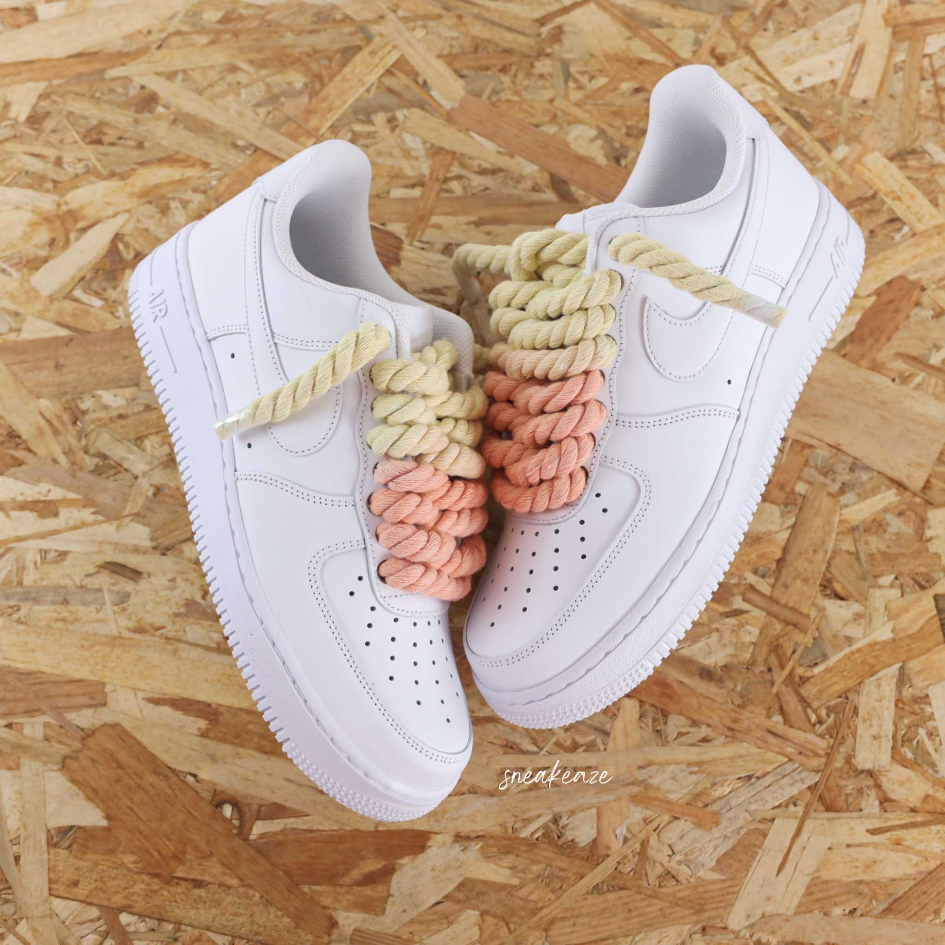 baskets nike air force 1 custom rope laces - lacets corde tie and dye rose et jaune citron dolce vita sneakeaze skz custom