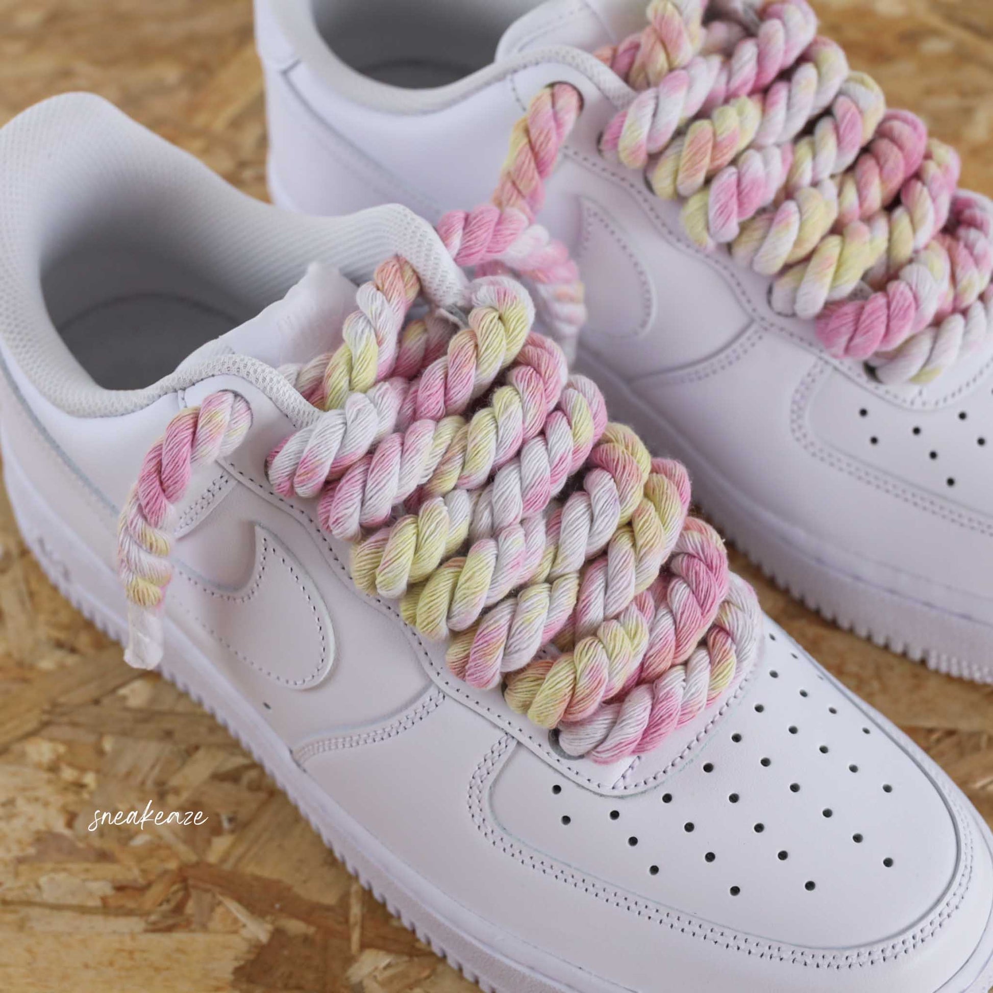 baskets nike air force 1 custom rope laces - lacets corde tie and dye rose et jaune citron dolce vita sneakeaze skz custom