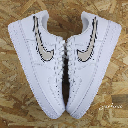 baskets nike air force 1 custom AF1 swoosh cartoon sketch beige clair sneakers personnalisé baskets custom