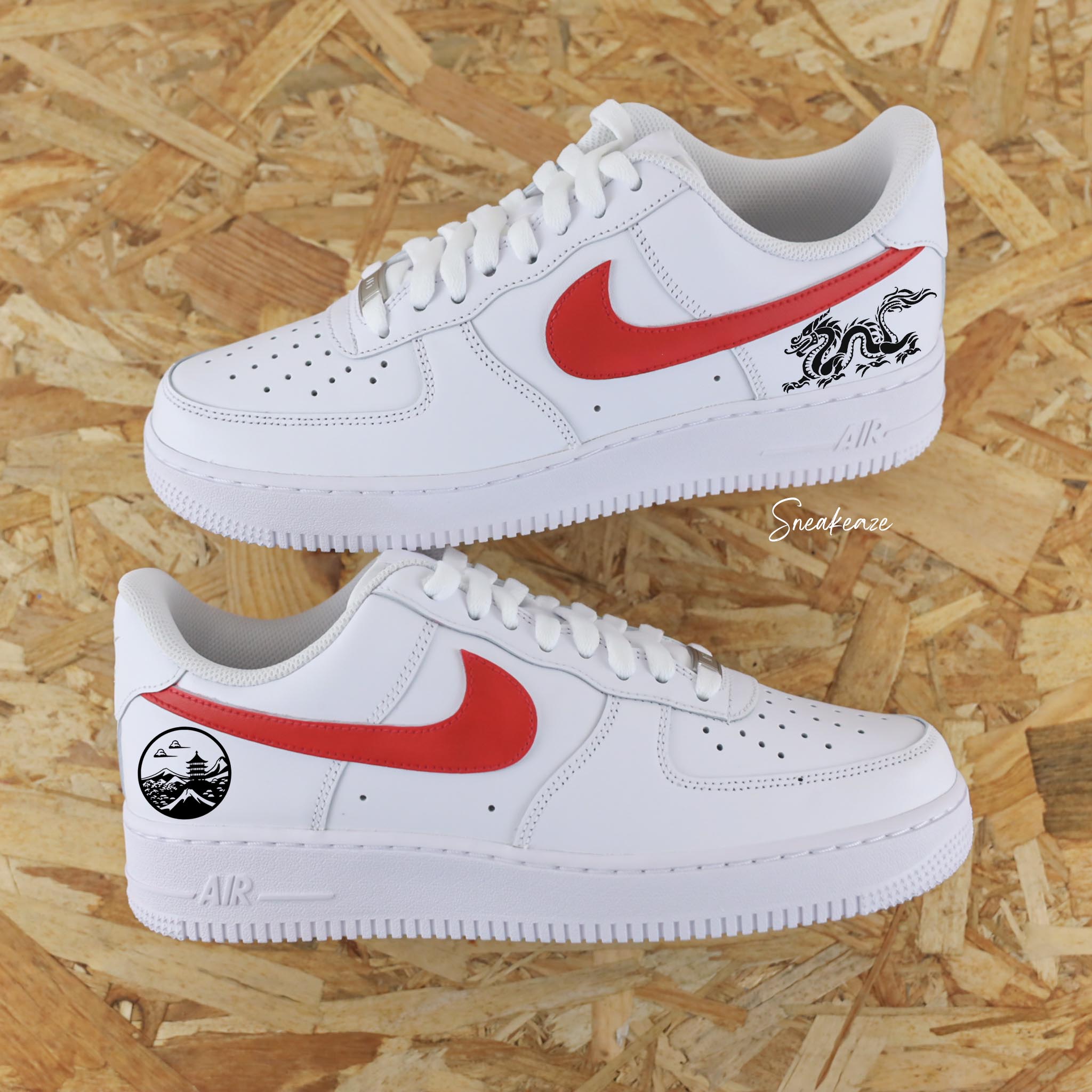 Nike Air Force 1 custom dessins traditionnels japonais et dragon peint a la main SNEAKEAZE CUSTOMS