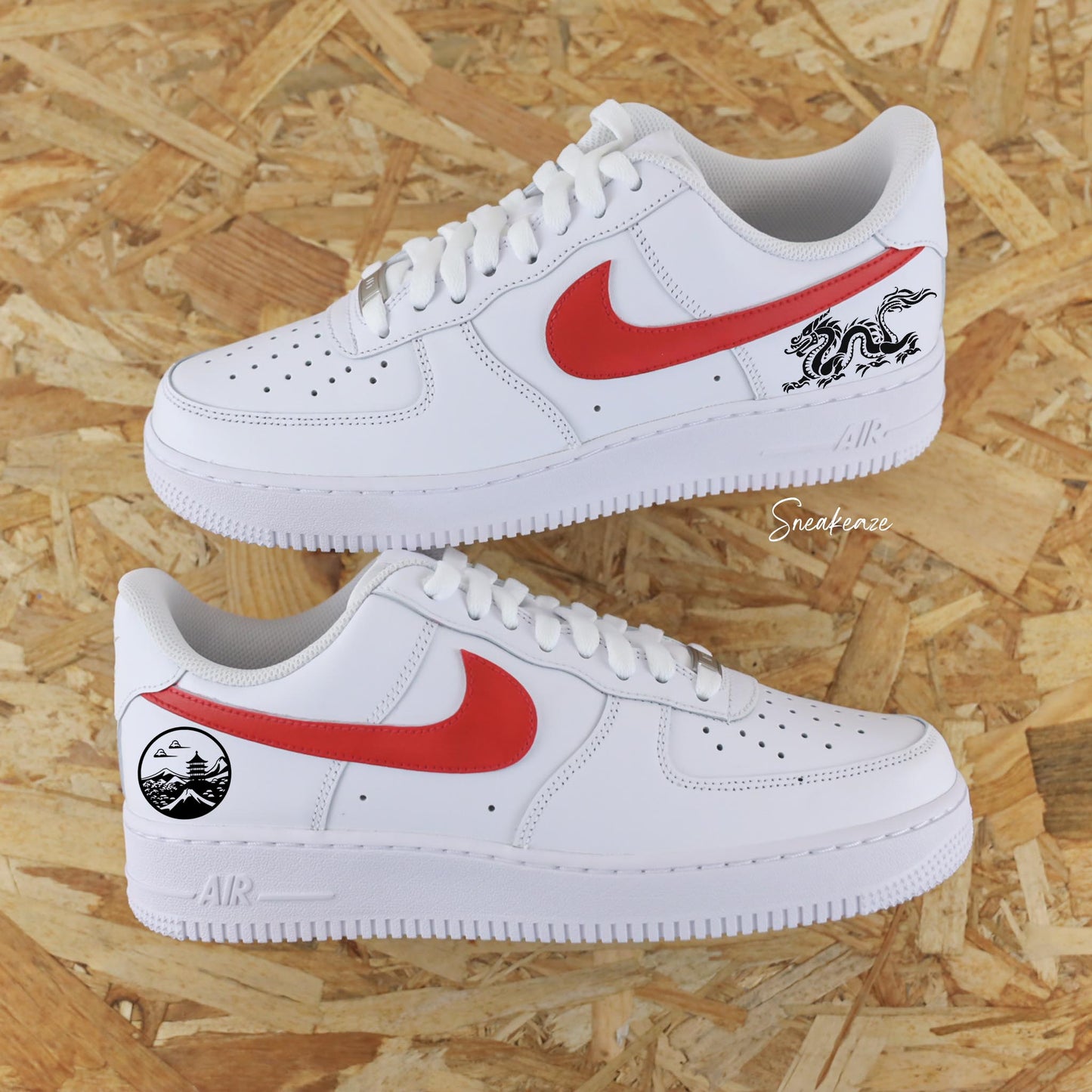 Baskets Nike air force 1 custom personnalisation sur-mesure - dessins traditionnels japonais et chinois dragon  peint à la main sneakeaze custom skz